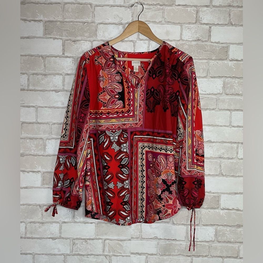 Chico's Red Paisley Peasant Sleeve Blouse Size L